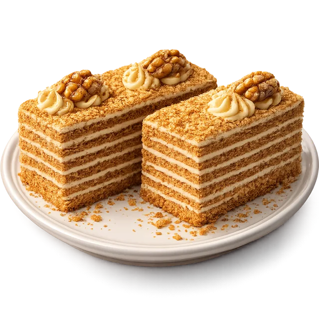 Medovik — Russian honey cake with thin layers and cream.