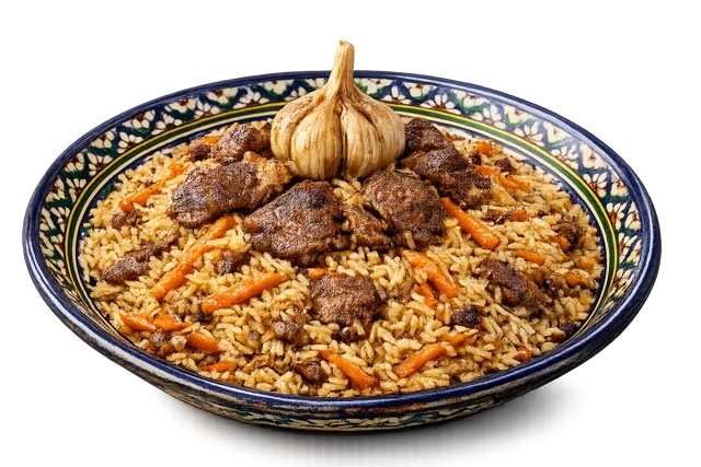 Uzbek palov (plov) — slow-cooked saffron rice with lamb and sweet carrots, Uzbekistan's national dish.