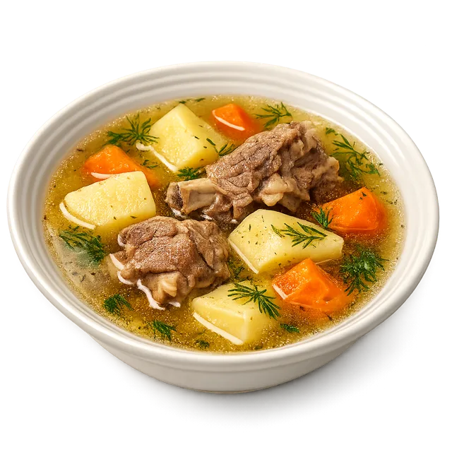 Bowl of Uzbek shorva — a hearty lamb and vegetable soup.
