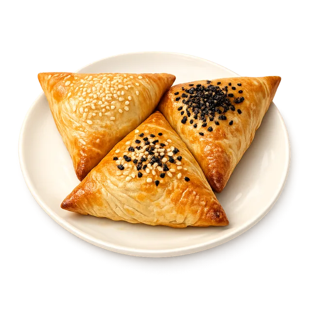 Hand-folded Uzbek somsa (samsa) — flaky pastry parcels filled with lamb, beef, chicken or pumpkin.